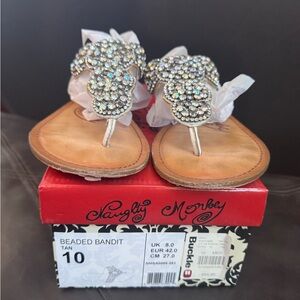 naughty monkey white Beaded womens sz 9.5 Rhinestone Thong Sandals